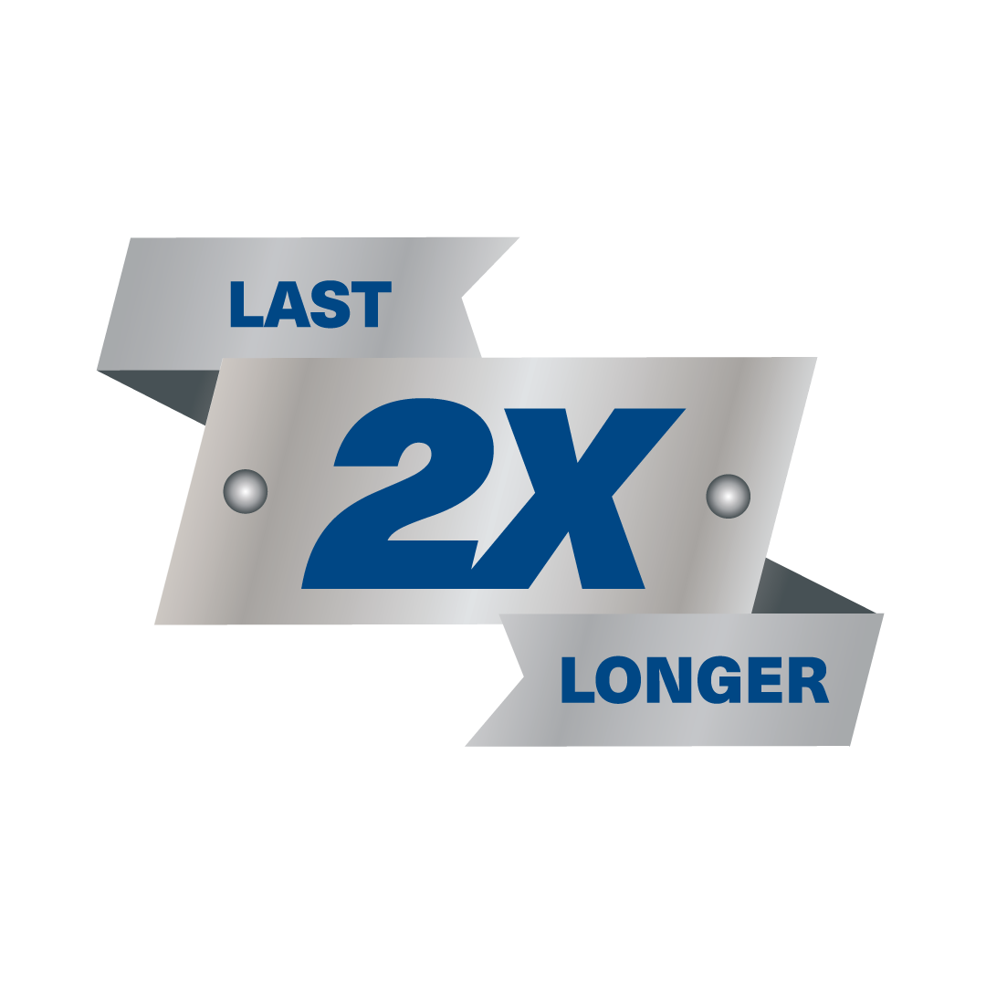 Metallic label with 'LAST 2X LONGER' text on a white background